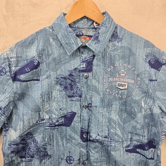 Jams World Shirt Mens Large Blue Pearl Harbor Navy Print Short Sleeve USA Hawaii - Picture 2 of 10